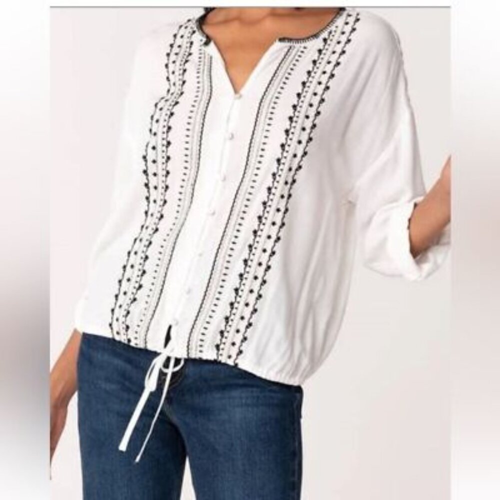 Lovestitch Mila Boho Embroidered Tie Front Button Down Blouse ** SZ L
